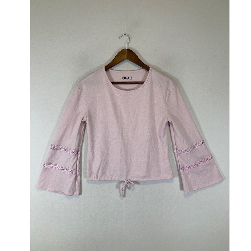 Boho Chic Mudd Women Small Pink Lace Bell Sleeve Drawstring Knit Top‎